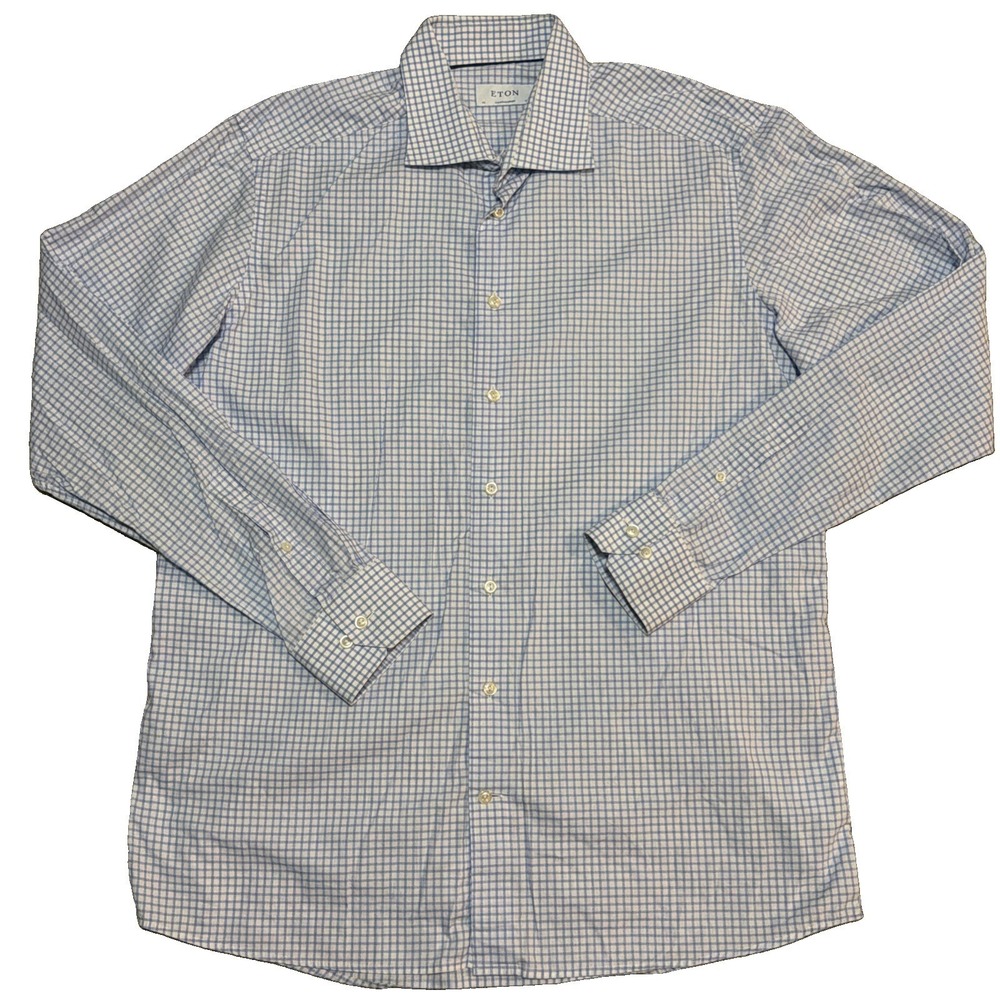 Eton Men's Contemporary Light Blue & White Windowpane Check Long Sleeve 44/17.5